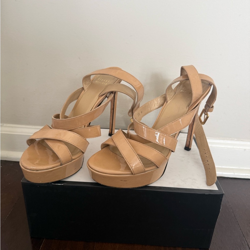 Stuart Weitzman Patent Nude Platform Strappy High-Heel Sandals